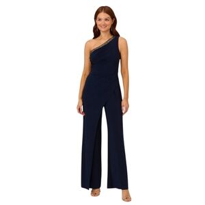 Adriana Papell Beaded One Shoulder Matte Jersey Navy Jumpsuit Size 8